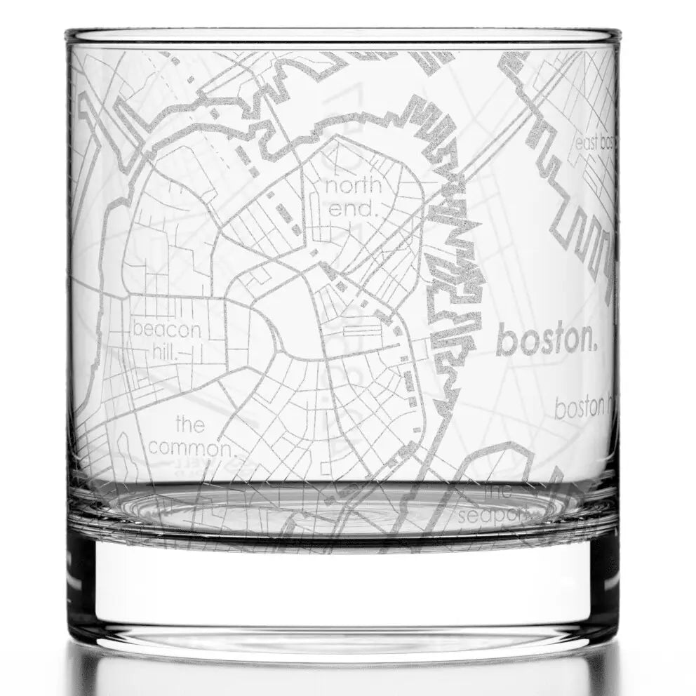 Boston, Ma City Map - Etched Whiskey Rocks Glass